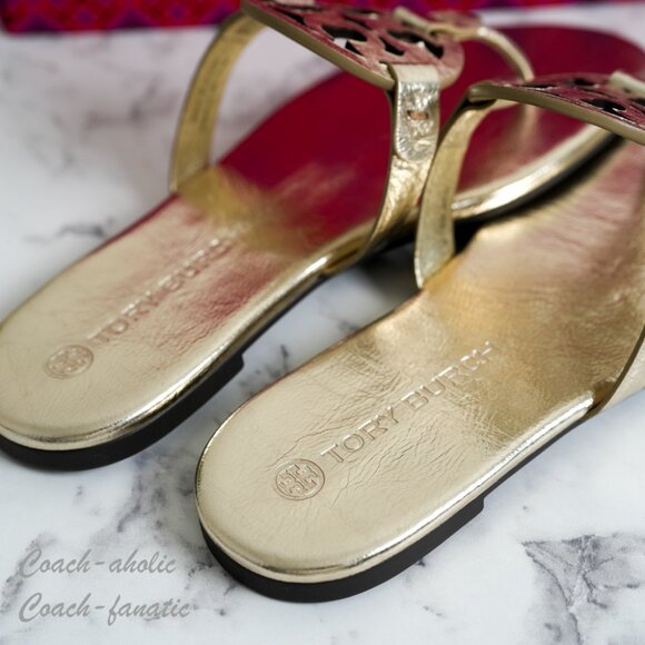 NIB Tory Burch Miller Metallic Wrinkled Leather Sandals in Spark Gold Size 7.5/8 - Picture 6 of 8